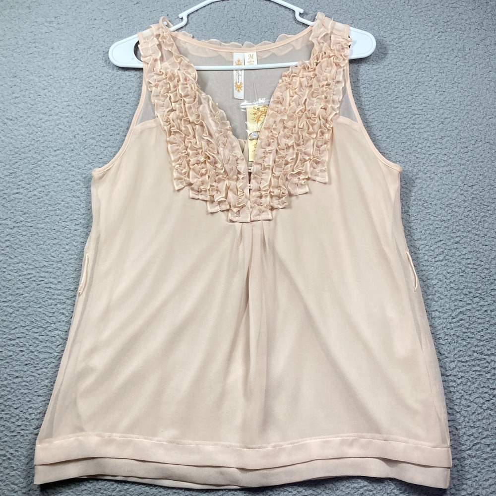 Adiva Ruffle V-Neck Blouse Women NEW Med Beige Sleeveless Sheer Romantic FLAWS